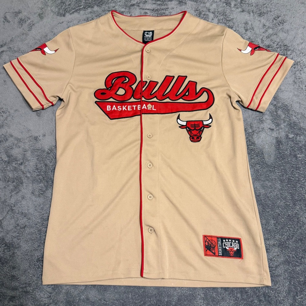 Chicago Bulls Basketball‎ NBA Size M Khaki Embroidered Baseball Jersey Logo